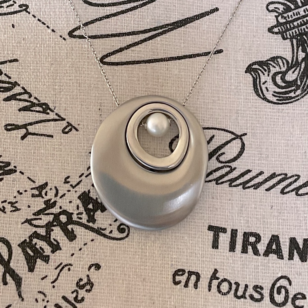 Elegant BREIL Stainless Steel Natural Pearl Pendant Necklace “Duplicity”